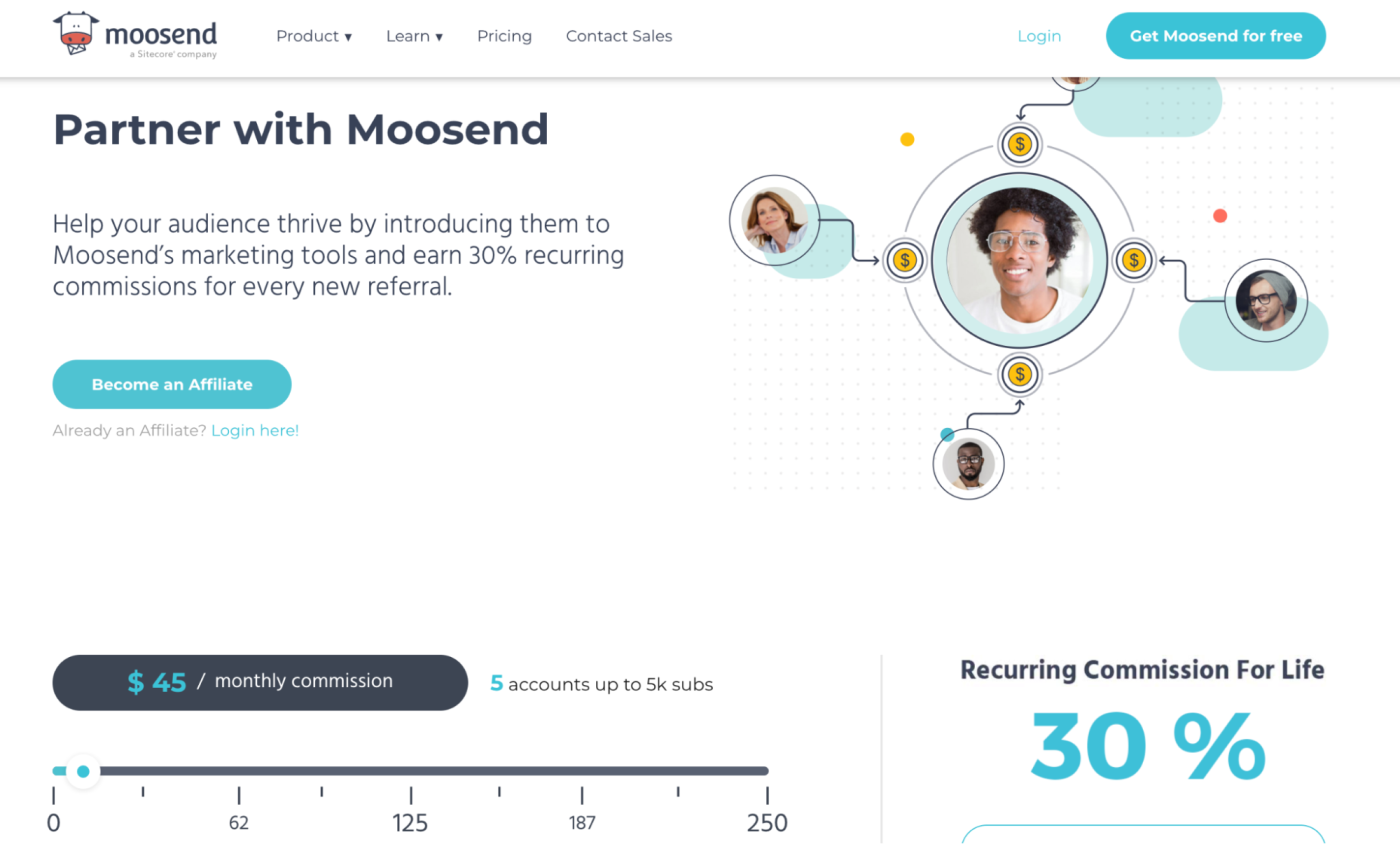 Moosend's affiliate marketing landing page