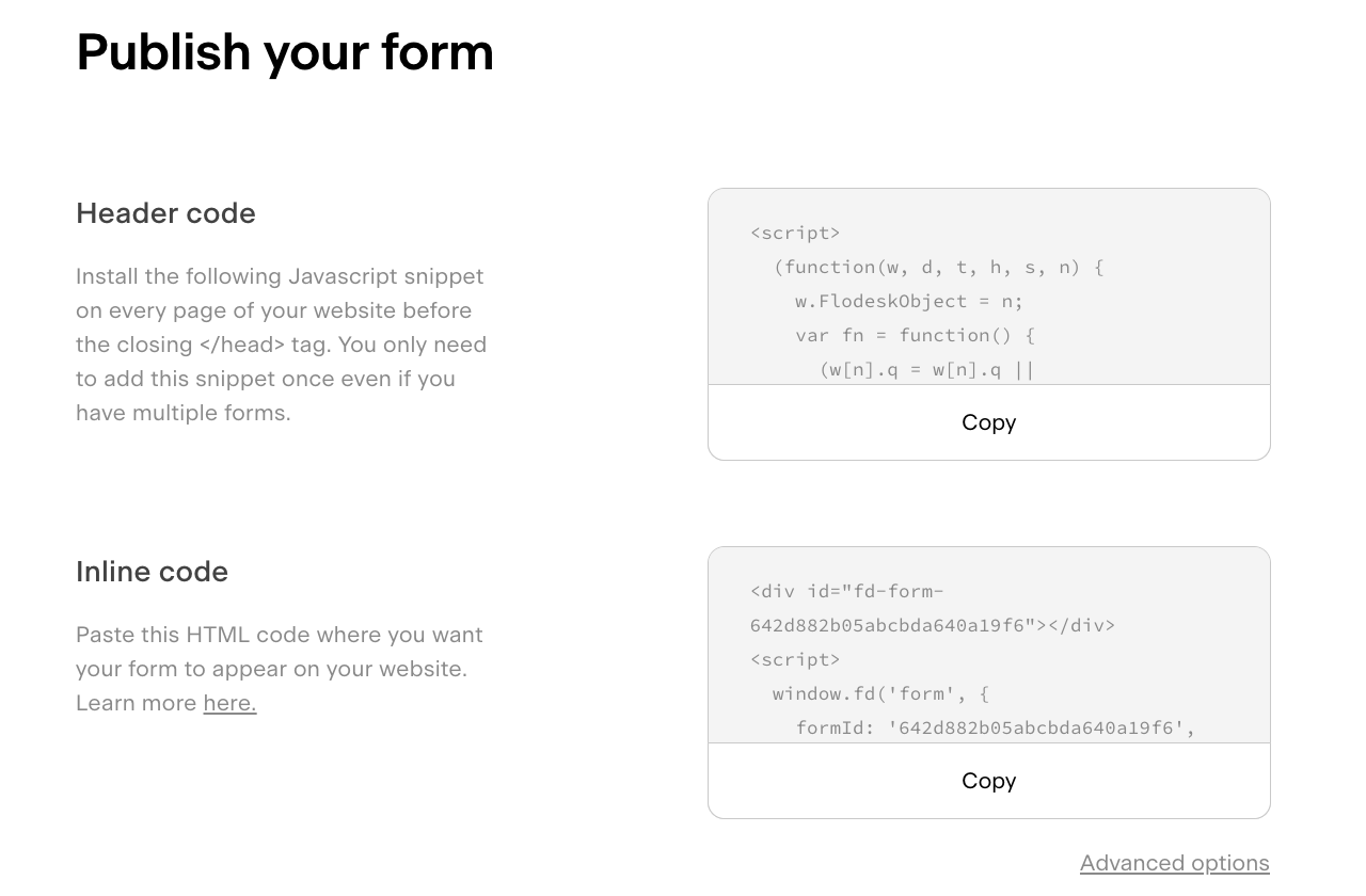 Adding the form code to your website from Flodesk