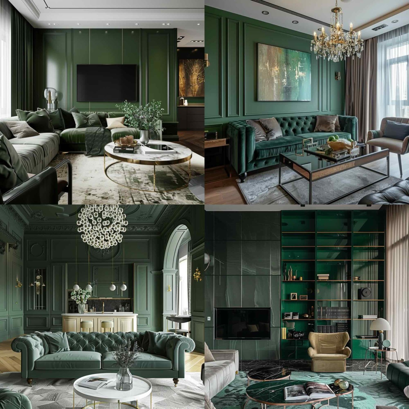 A living room in a luxury apartment, forest green