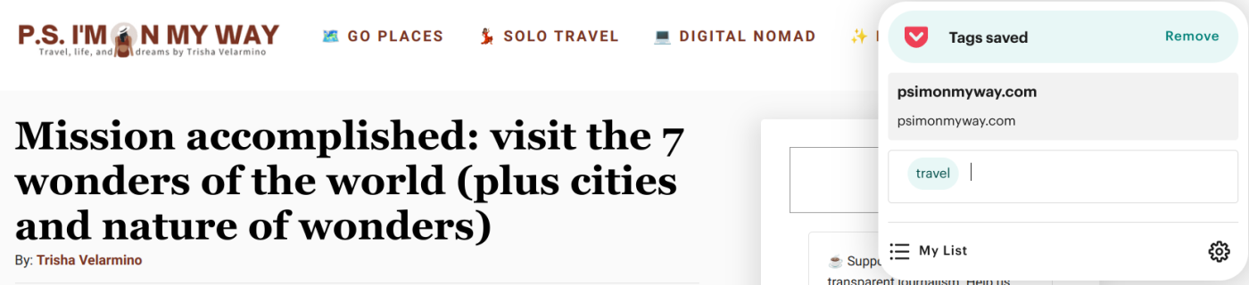 Screenshot of a webpage with the article title "Mission accomplished: visit the 7 wonders of the world (plus cities and nature of wonders)" with a small window on the right-hand side showing how users can save articles for later with the Pocket Google Chrome extension
