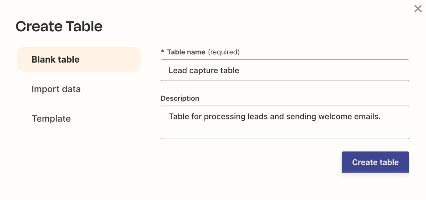 Screenshot of blank table being set up