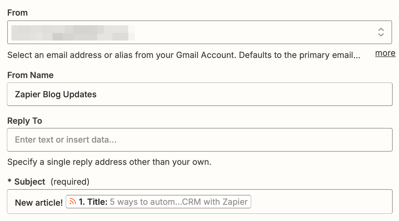 Email fields in the Zap editor, including From, From Name, and Reply To.