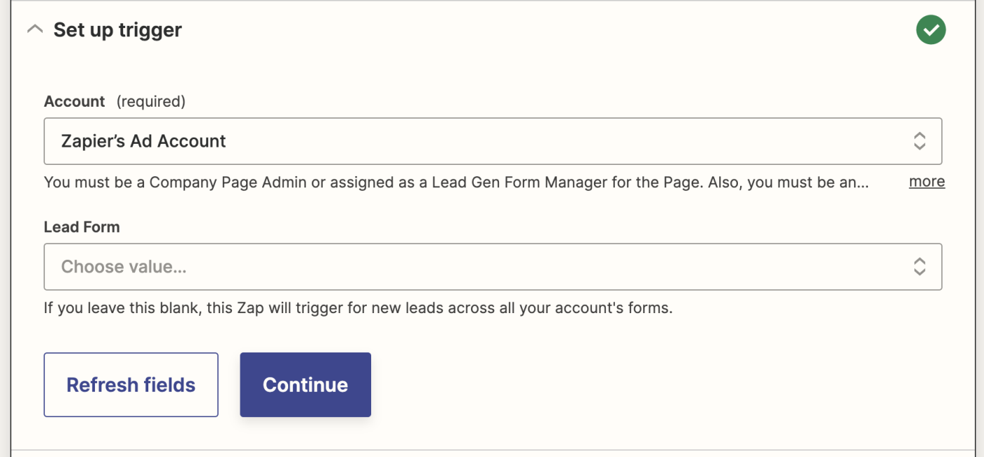 A LinkedIn Lead Gen account is selected in the Account dropdown.