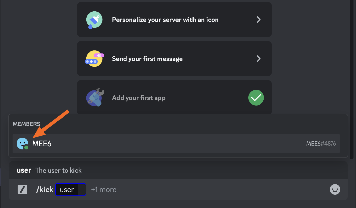 Screenshot showing a user selecting a bot to kick on Discord