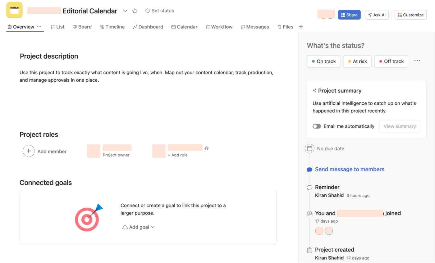 A project view in Asana