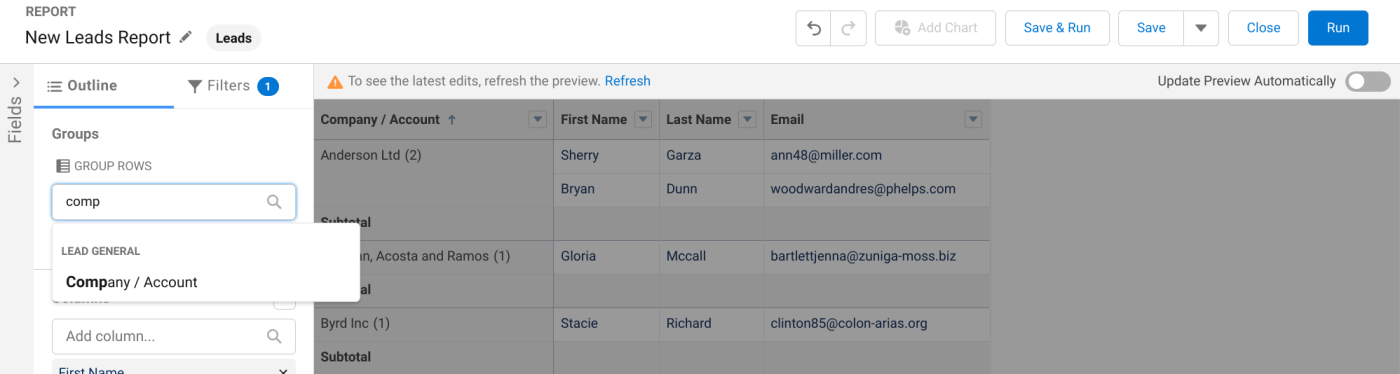 Screenshot of how to create groups in the Salesforce report