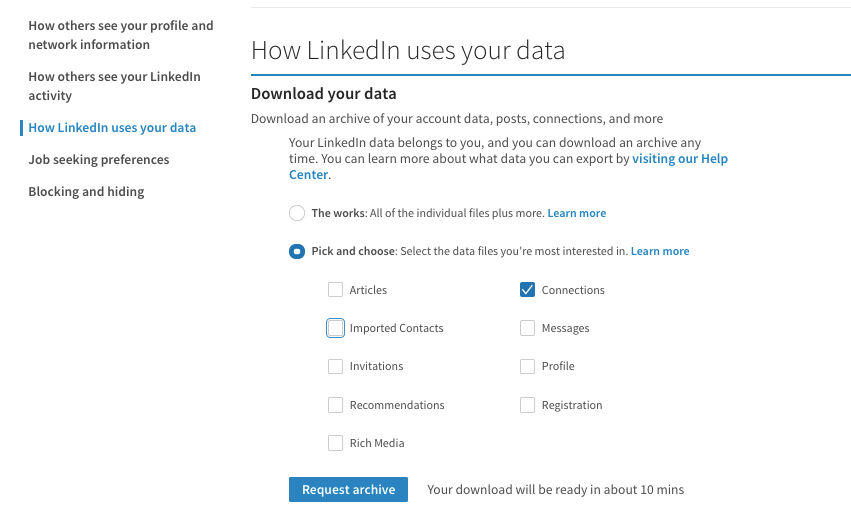 How LinkedIn uses your data, choose who you want to export.