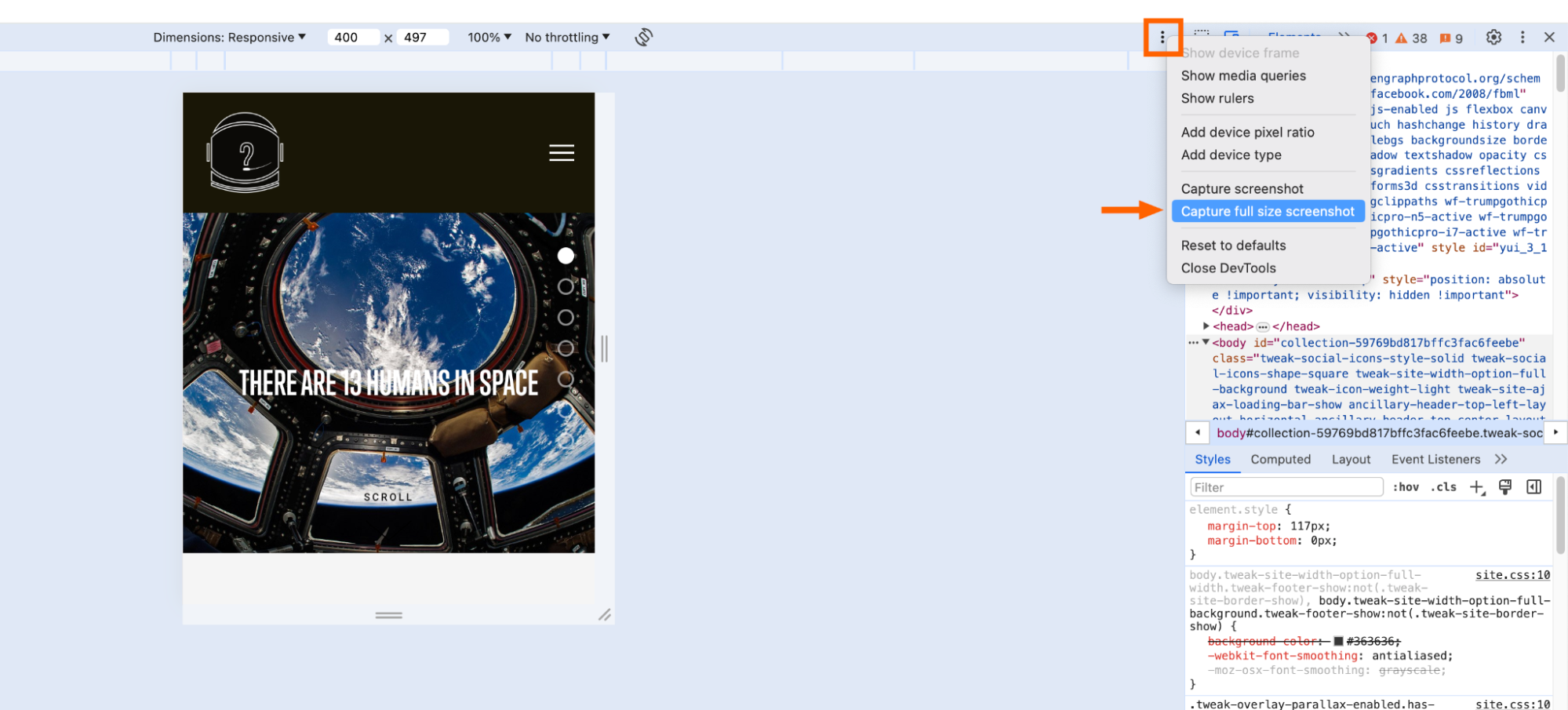 Device toolbar in Chrome showing custom dimension options for responsive testing
