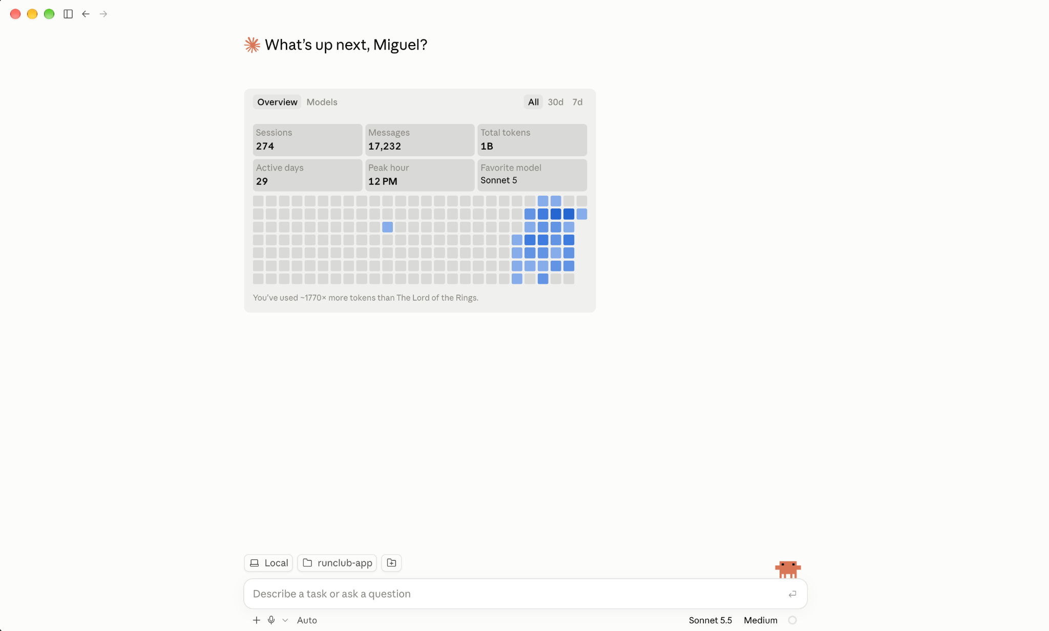 Claude desktop app home screen with a usage overview showing sessions, messages, total tokens, and a daily activity heatmap