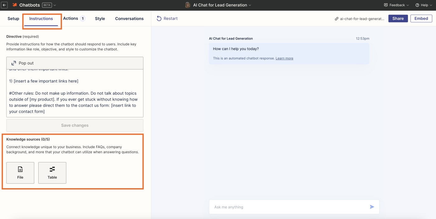 Screenshot of knowledge sources in Zapier chatbots
