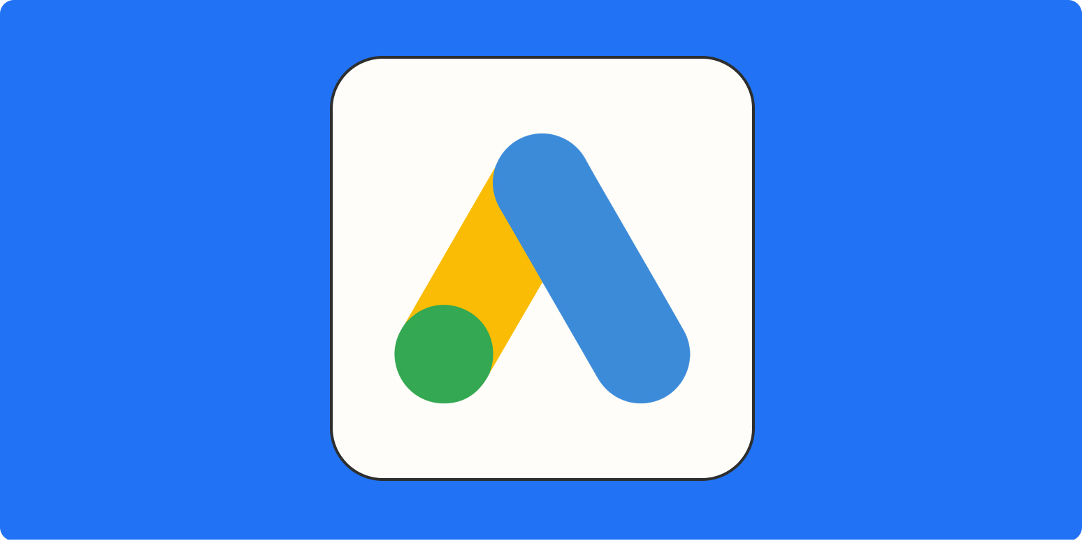 A hero image for Google Ads app tips with the Google Ads logo on a blue background