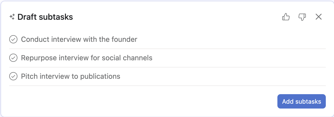 List of draft subtasks generated by Asana AI.