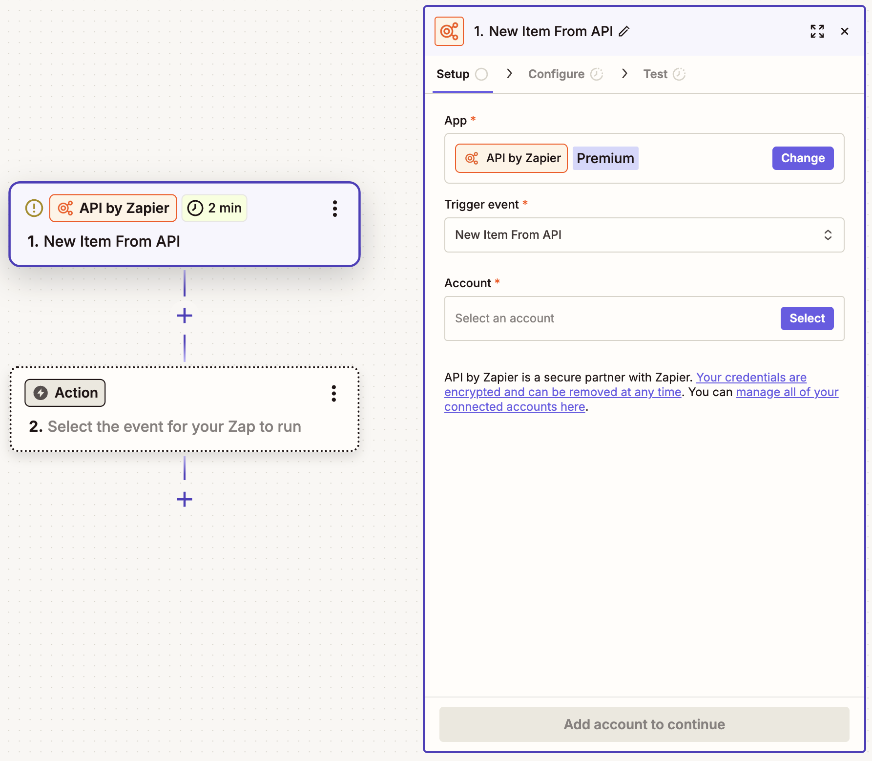 The setup page for an API by Zapier trigger