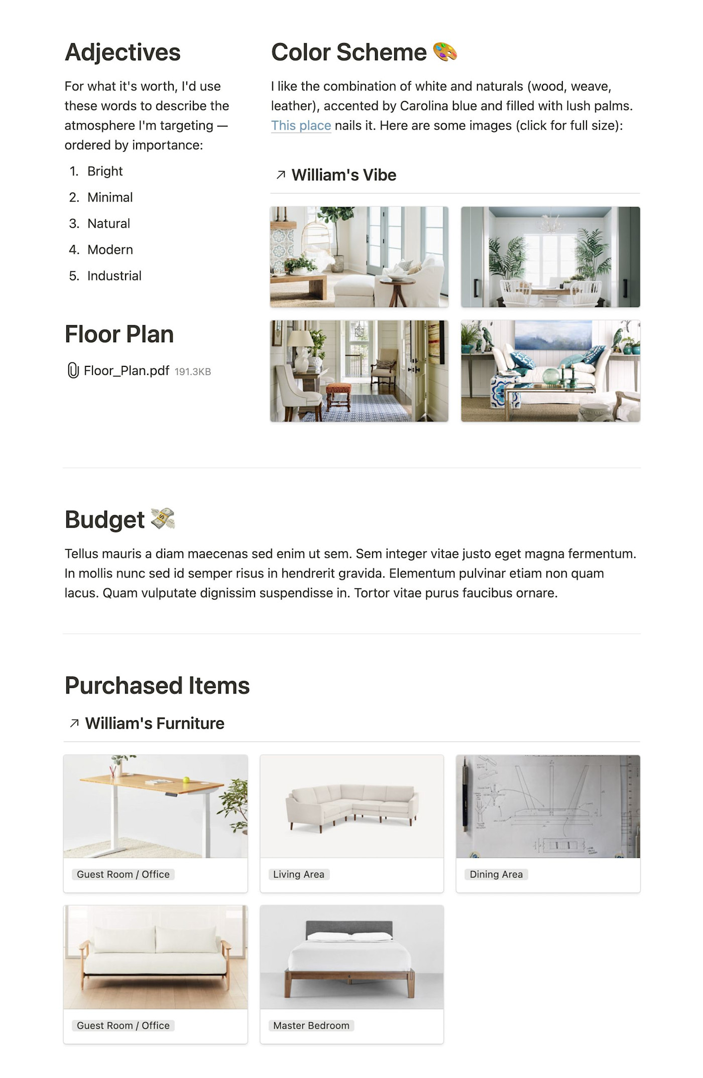 Screenshot of a Notion page displaying an interior decor vision board.