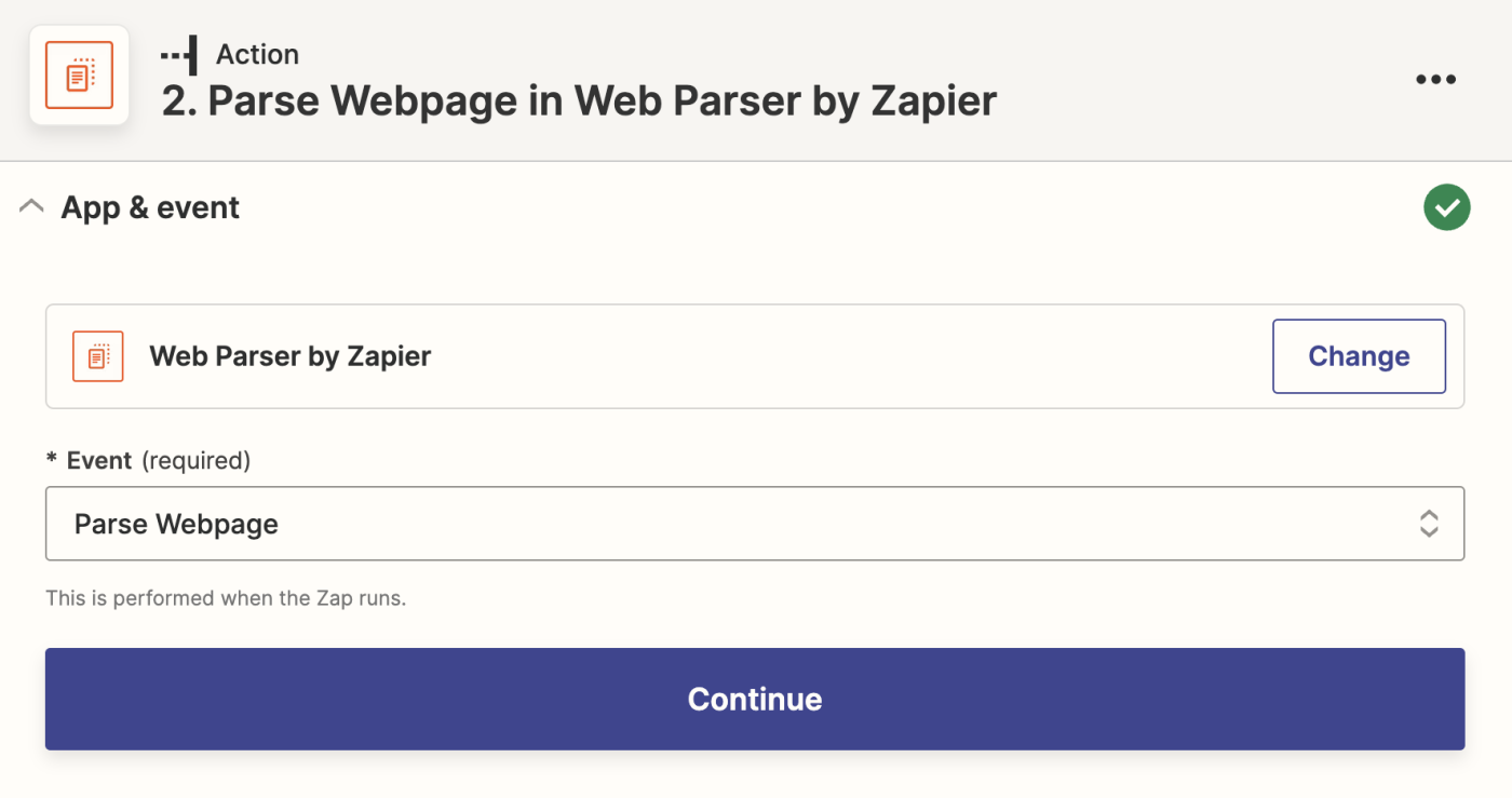 A screenshot of the setup for a Web Parser by Zapier action step.