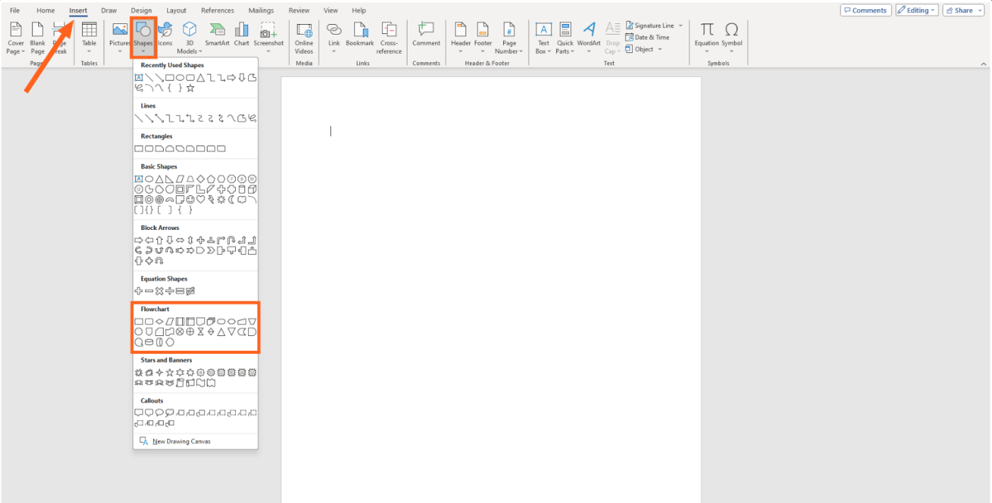 Screenshot displaying how to find and add shapes in Microsoft Word