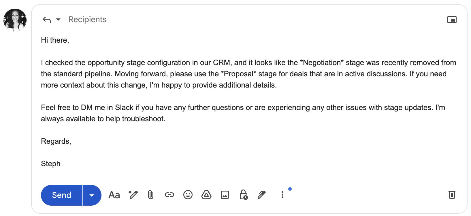 An email in Gmail in draft form