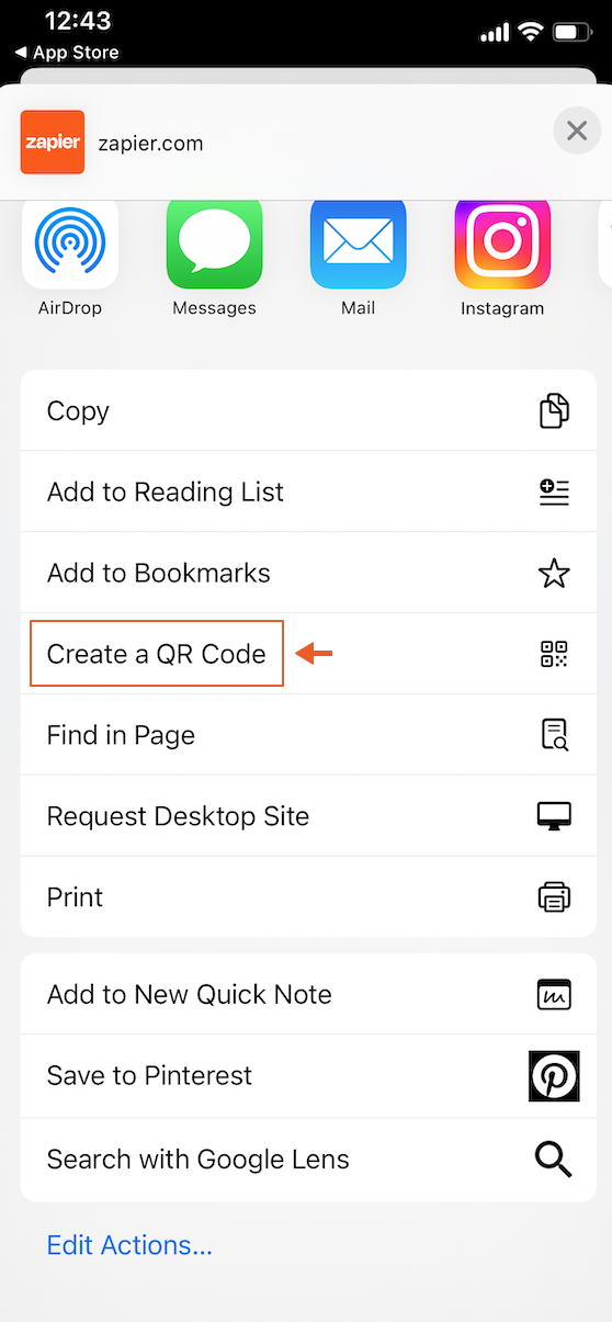 Screenshot showing how to create a QR code on mobile using Chrome.