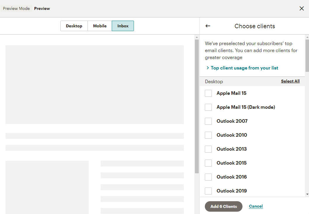 The Add Clients button in Mailchimp Inbox Preview