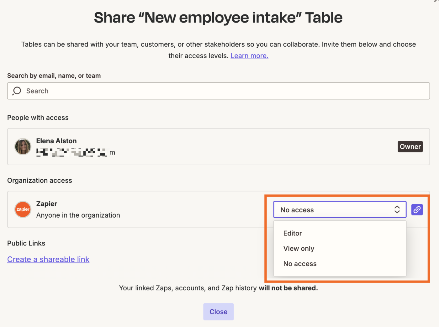 Screenshot of share options in tables