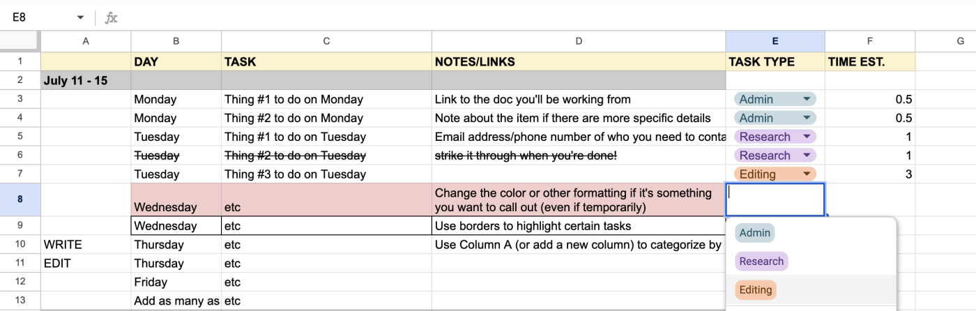 Modified Google Sheets to do list template with two additional columns for task type and time estimate. 
