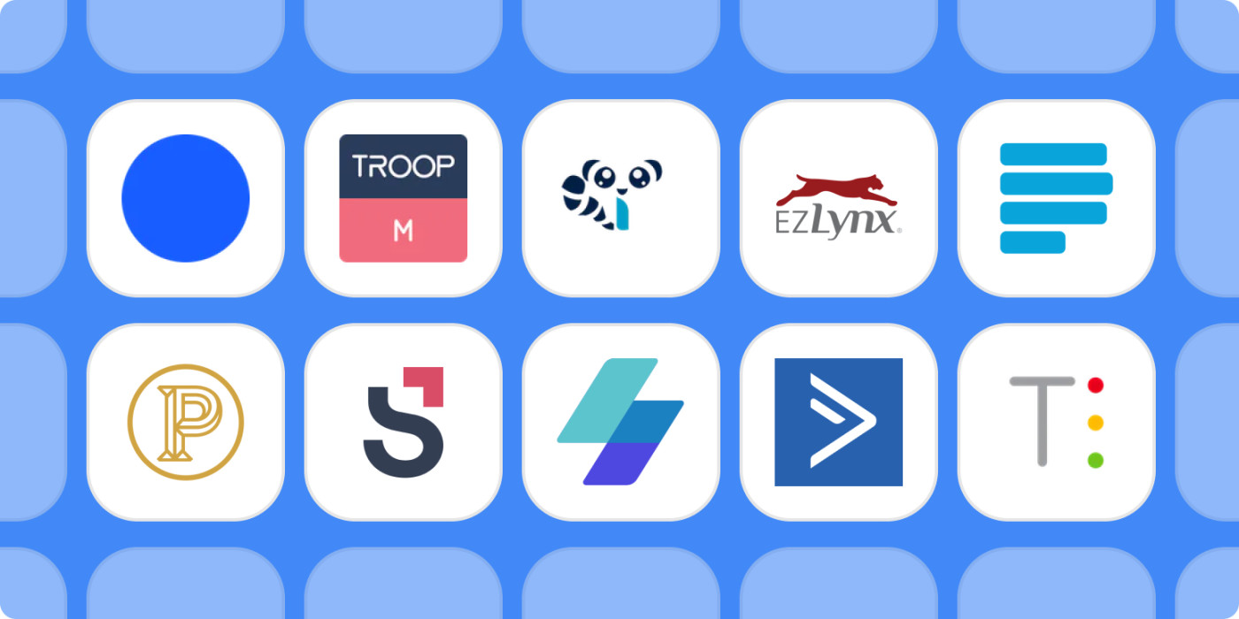 logos of latest integrations that have updates on Zapier on a blue background