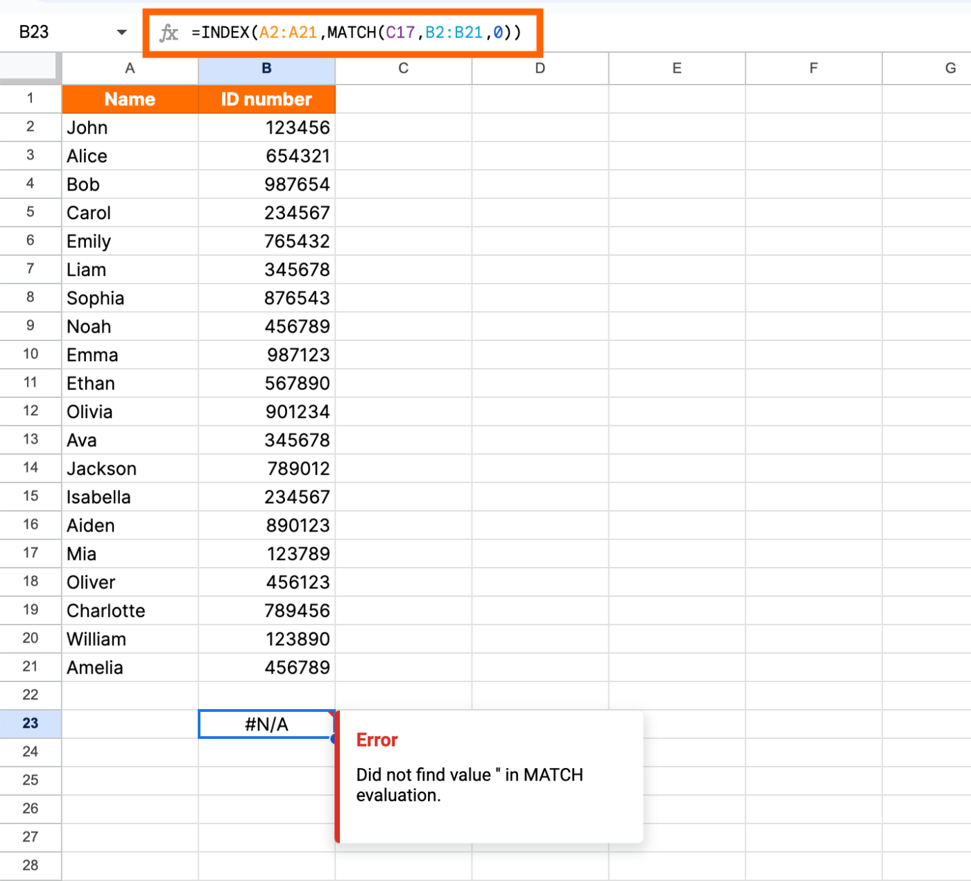 Example of an n/a error in Google Sheets.