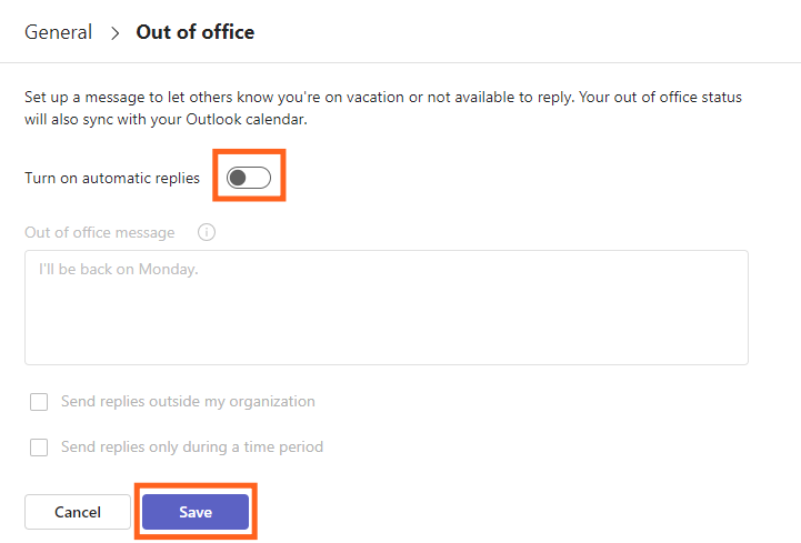 Screenshot of Teams 365 out of office status menu with turn on automatic replies turned off.