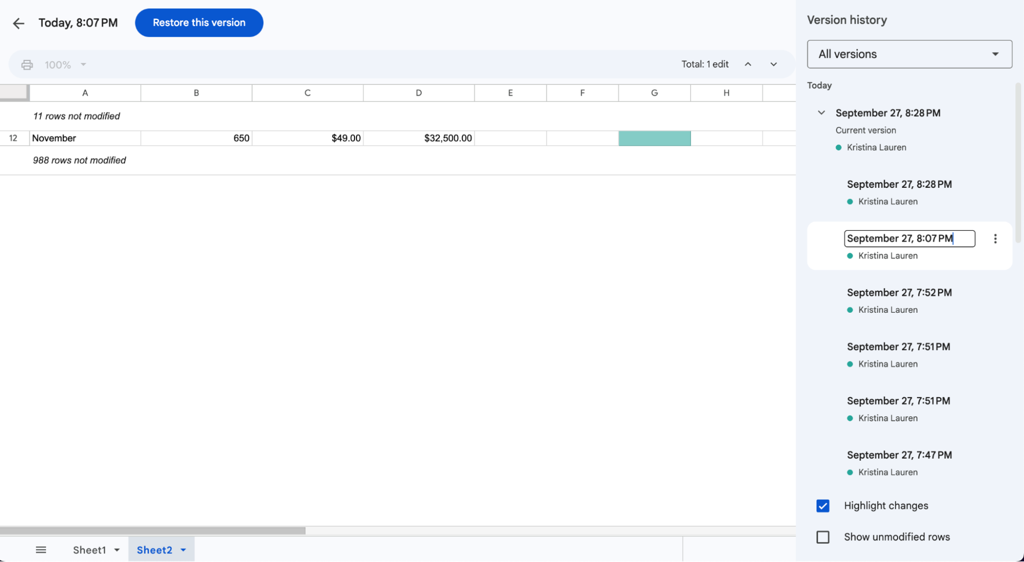 Version history in Google Sheets