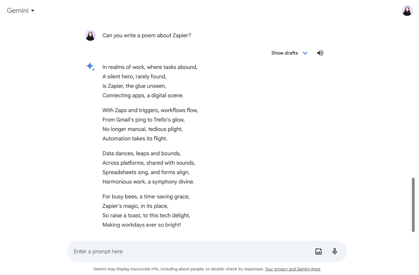 Gemini tries to write poetry about Zapier.