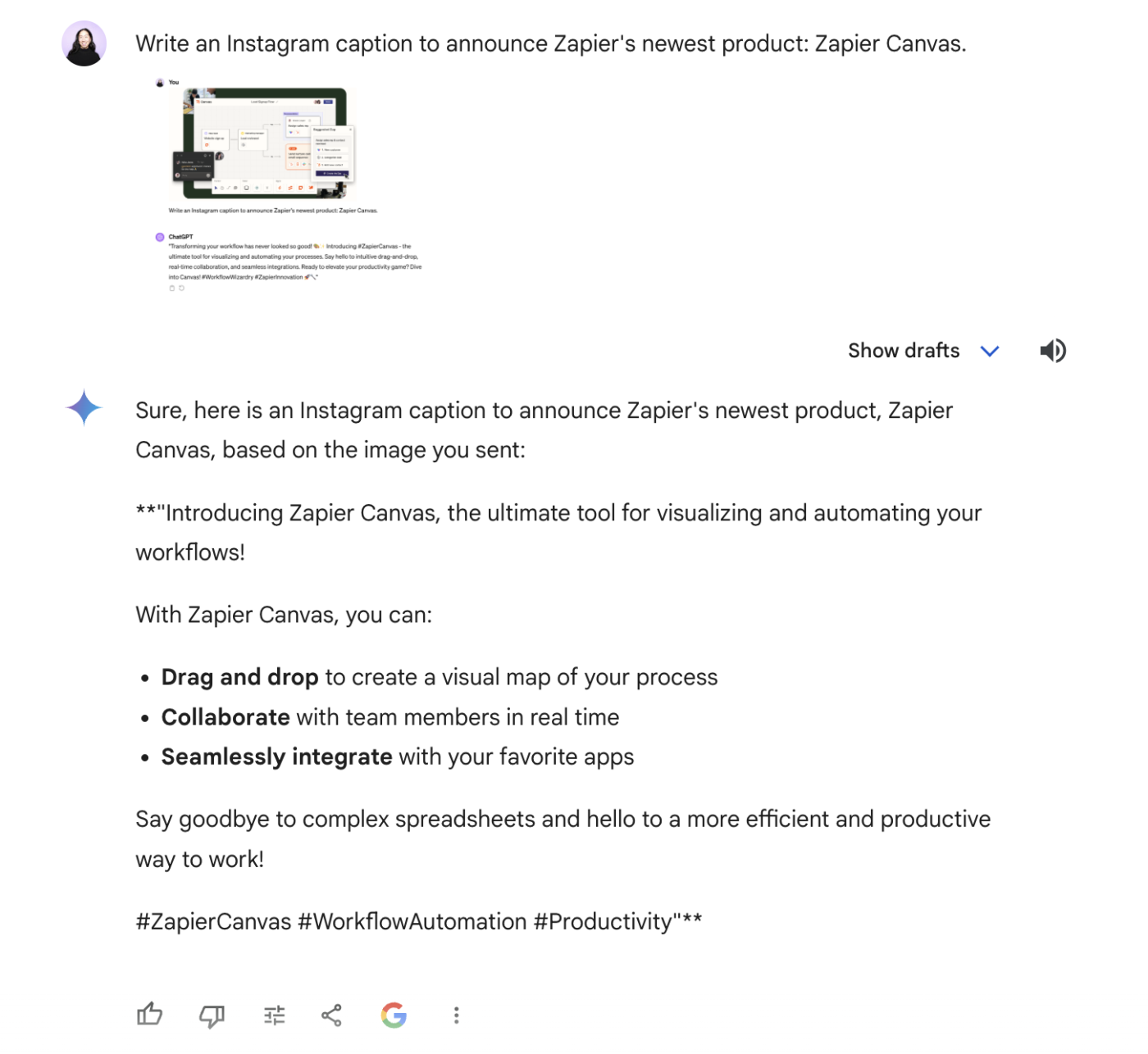 Lengthy Instagram caption drafted by Gemini announcing Zapier Canvas. 