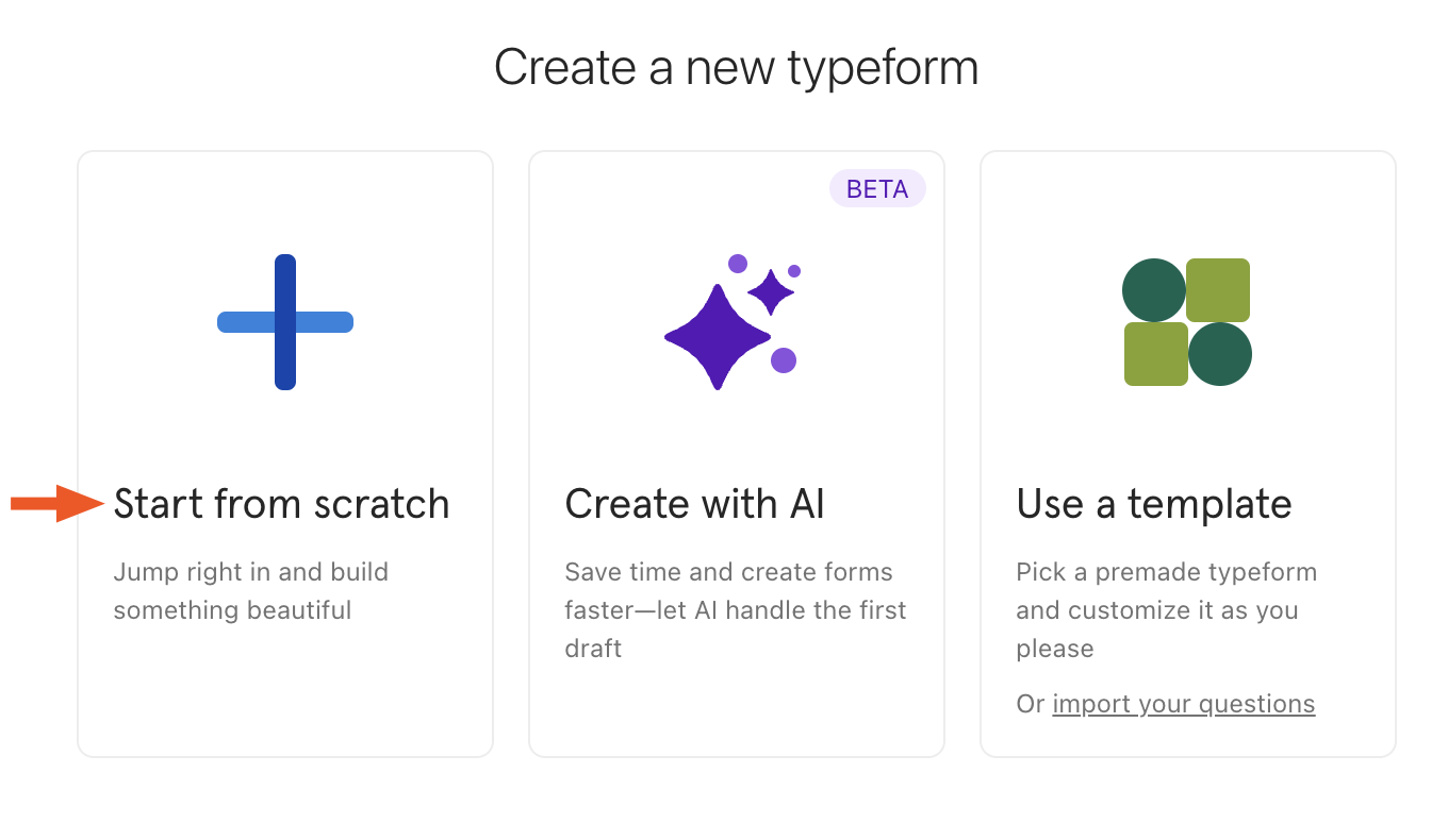 Ways to create a new typeform with an arrow pointing to the option to start from scratch.