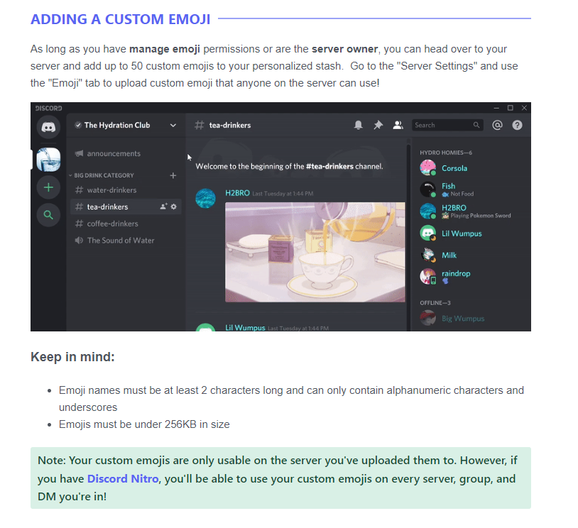 Discord's "Custom Emojis" help article, with lots of different formatting for different types of content