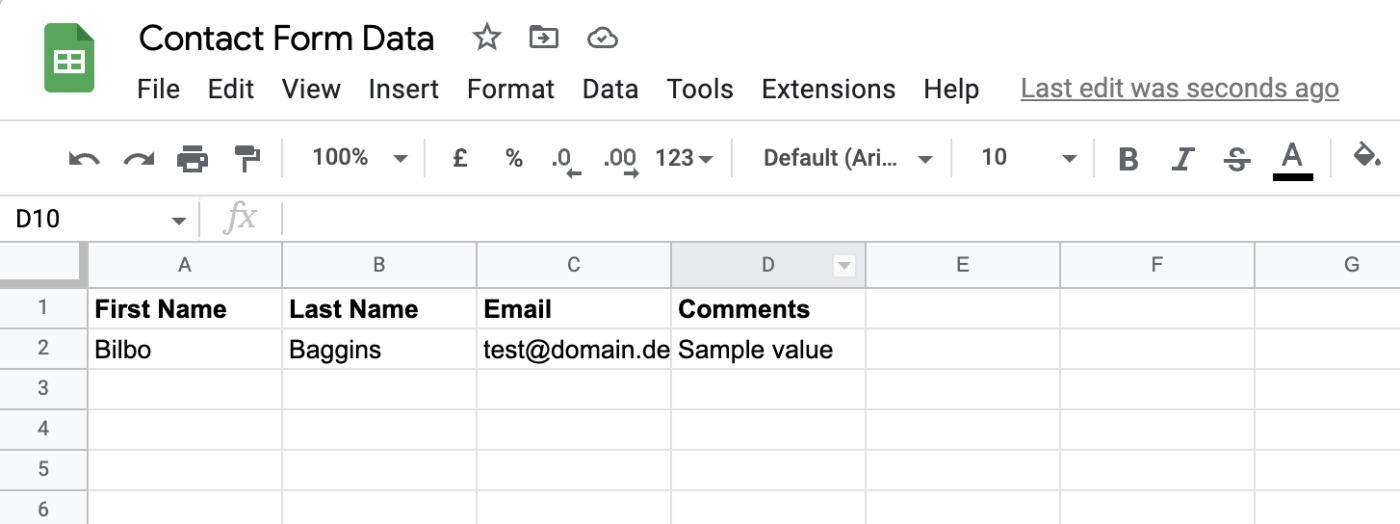 A Google Sheets spreadsheet with a header row and text entered in cells.