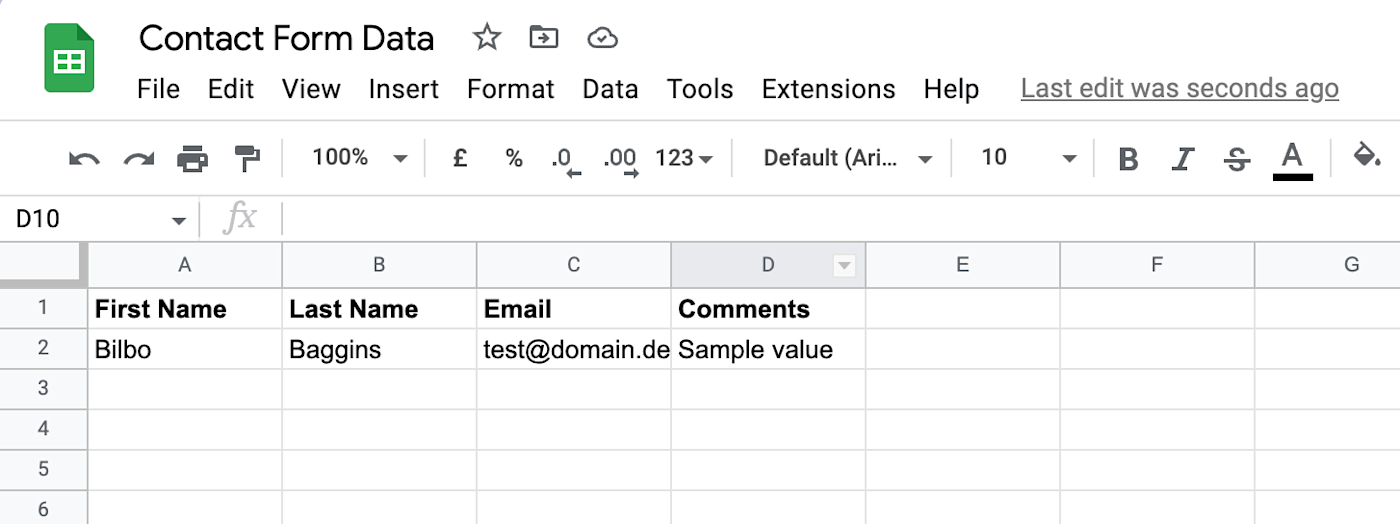 A Google Sheets spreadsheet with a header row and text entered in cells.