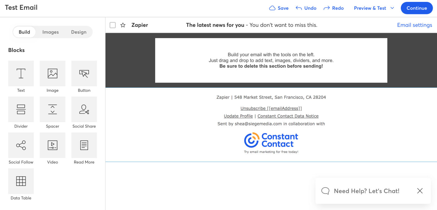 Screenshot of Constant Contact's drag-and-drop email builder