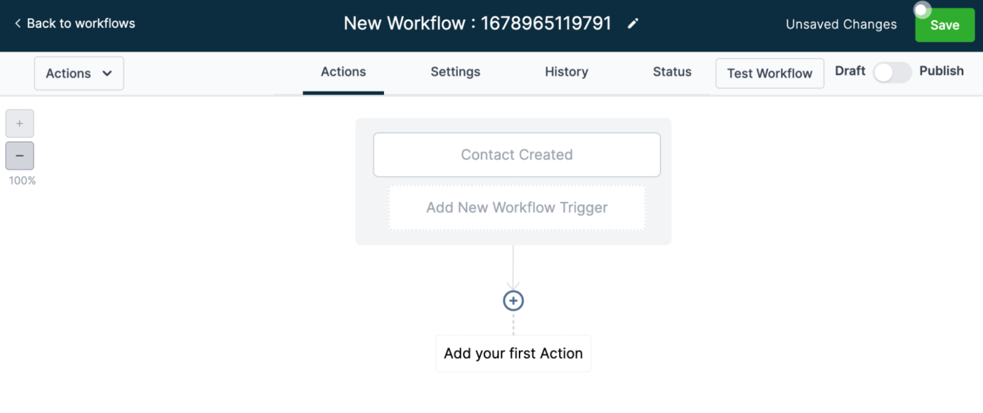 The actions tab in the Workflows section of a HighLevel account.