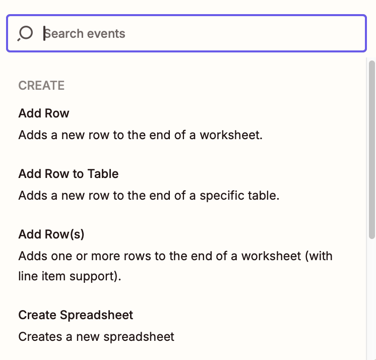 Screenshot of Excel actions options in Zapier