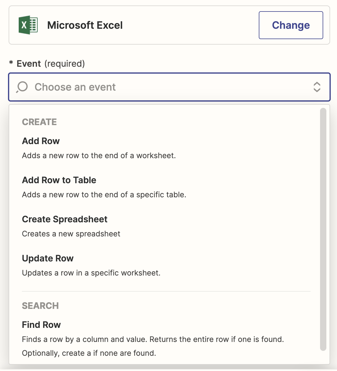 Screenshot of Excel actions options in Zapier