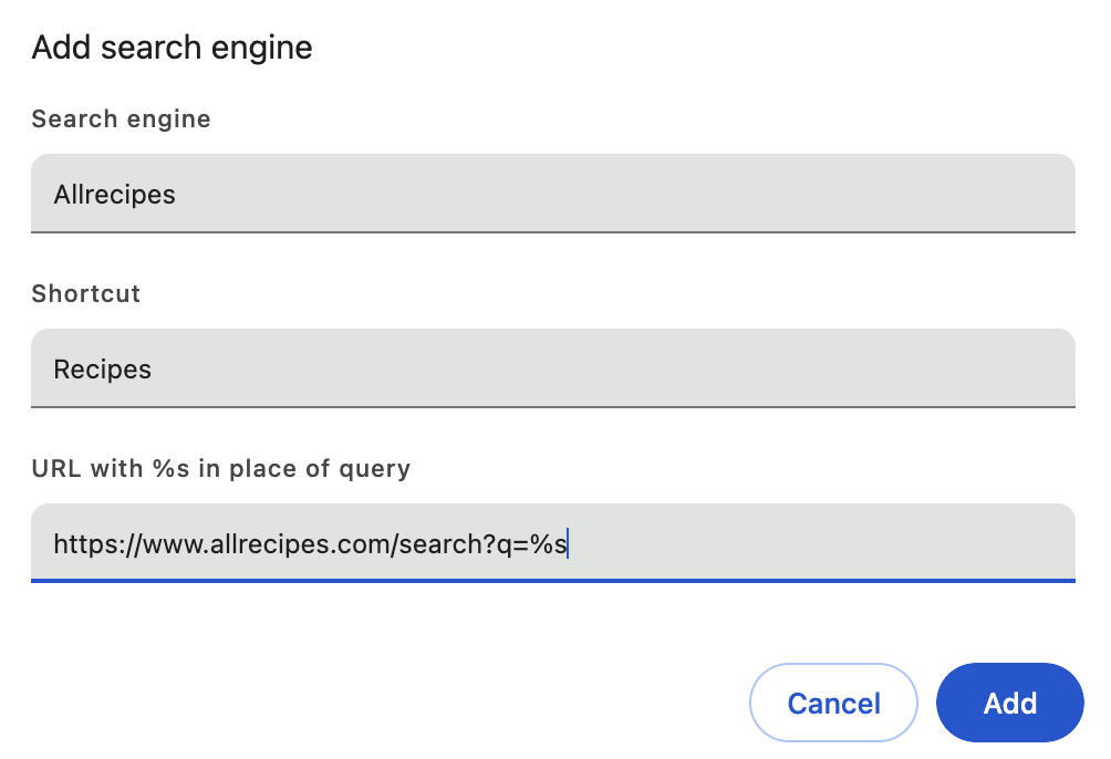 New Google Chrome search engine fields. 
