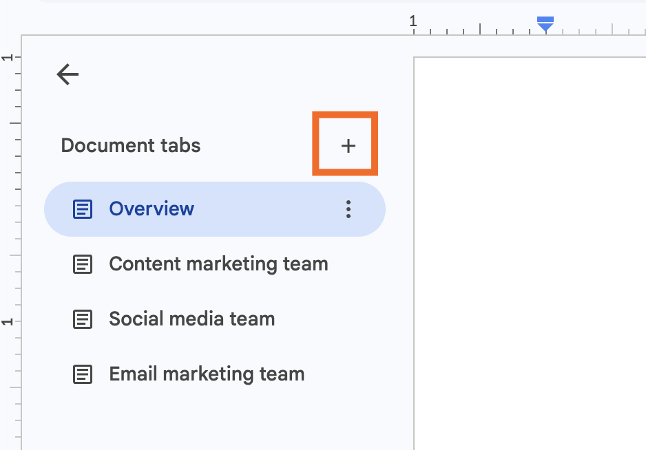 Vue élargie des onglets Google Docs avec l’icône d’ajouter l’onglet en surbrillance.