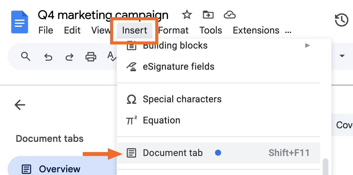 Expanded view of the insert menu in Google Docs. The document tab option is highlighted. 