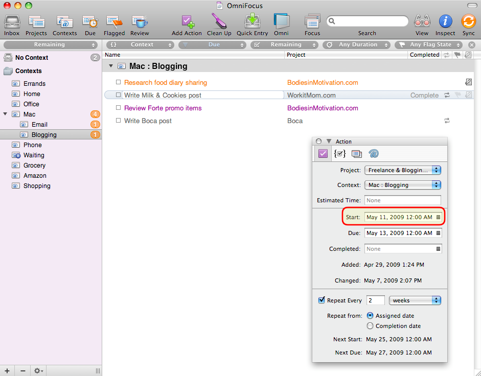 Omnifocus start time