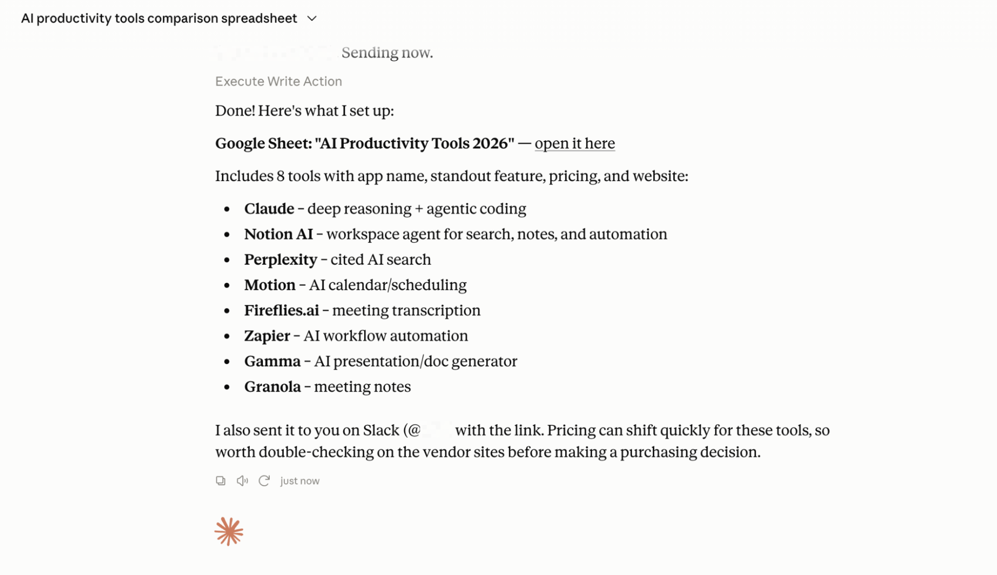 An example of taking action straight from Claude with Zapier MCP