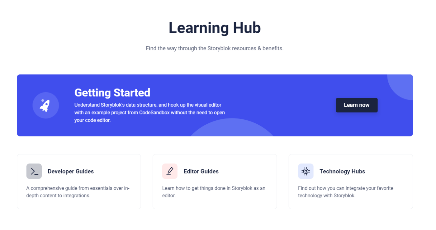 Storyblok's help center home page, with a getting started guide featured at the top