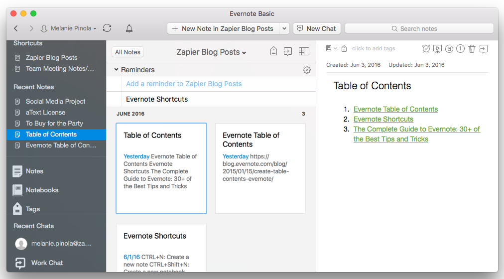 Evernote table of contents