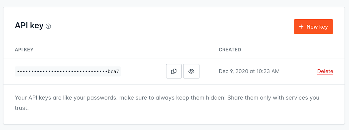 API key section of a Hunter profile page.