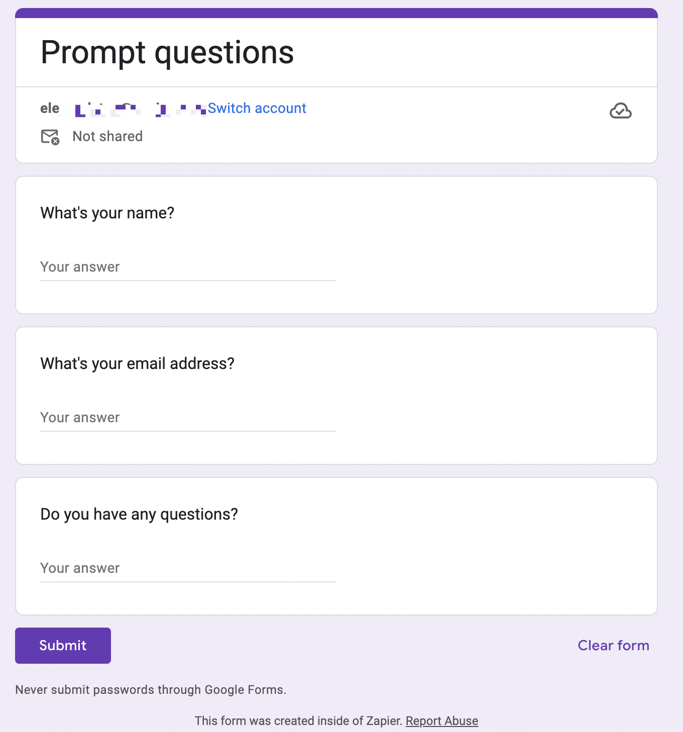 Screenshot of google form with prompt questions