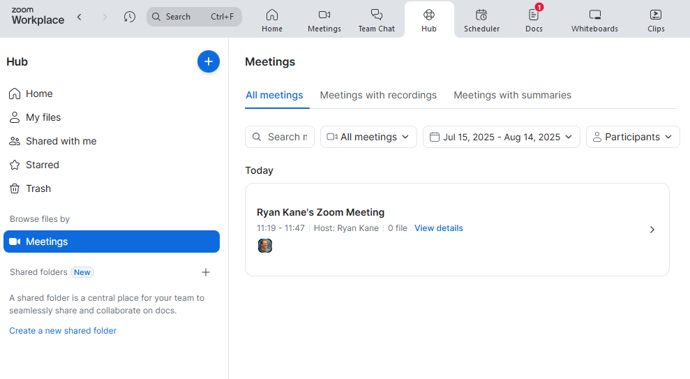 The Hub tab in Zoom