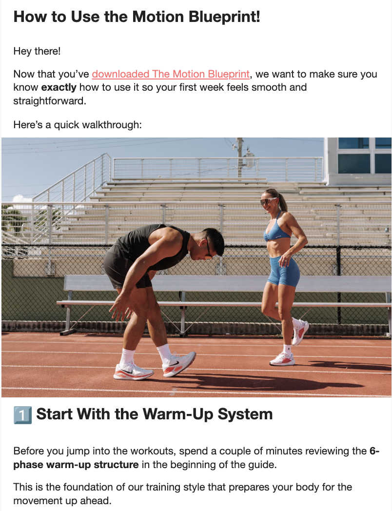 Email segmentation idea from Theory of Motion. The message is targeted towards a free-trial subscriber with suggestions for how to get the most out of their free trial.